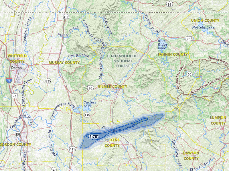 NEXRAD radar-signature map of the hail over Ellijay, GA