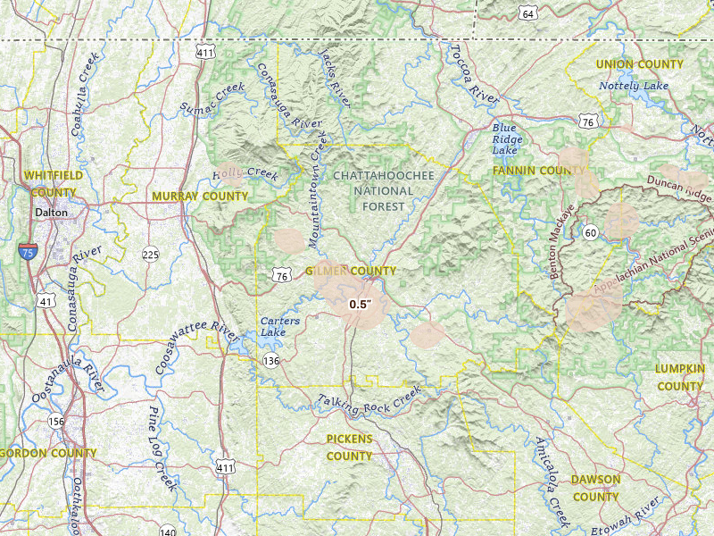 Radar-estimated hail-size map of the storm over Ellijay, GA on Jul 1, 2026