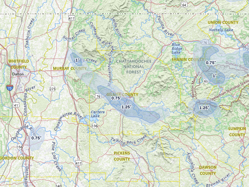 NEXRAD radar-signature map of the hail storm over Ellijay, GA on Jul 1, 2026