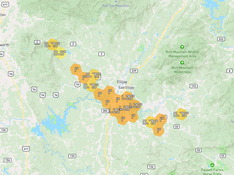 Hail map of Ellijay, GA on Jul 1, 2026, hail up to 1.25"