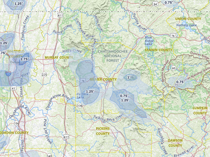 NEXRAD radar-signature map of the hail storm over Ellijay, GA on Jul 3, 2026