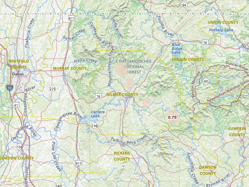 Radar-estimated hail-size map of the storm over Ellijay, GA on Jul 17, 2026
