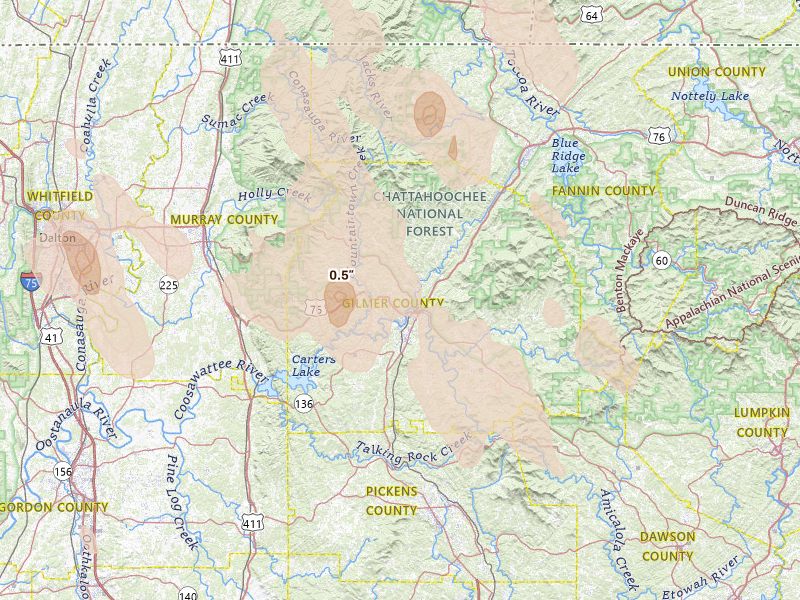 Radar-estimated hail-size map of the storm over Ellijay, GA on Jul 28, 2026