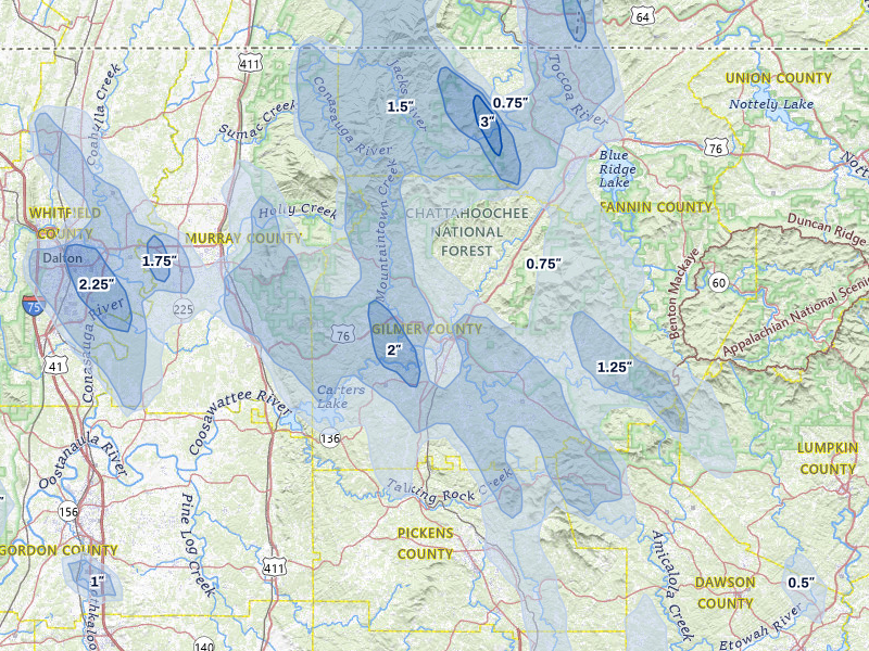 NEXRAD radar-signature map of the hail storm over Ellijay, GA on Jul 28, 2026
