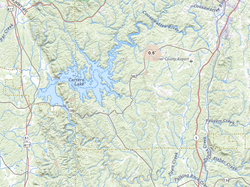 Radar-estimated hail-size map of the storm over Ellijay, GA on Aug 6, 2026