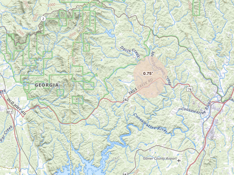 Radar-estimated hail-size map of the storm over Ellijay, GA on Aug 7, 2026