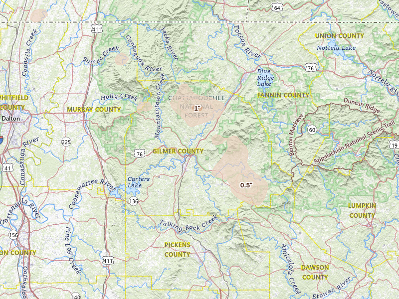 Radar-estimated hail-size map of the storm over Ellijay, GA on Aug 17, 2026
