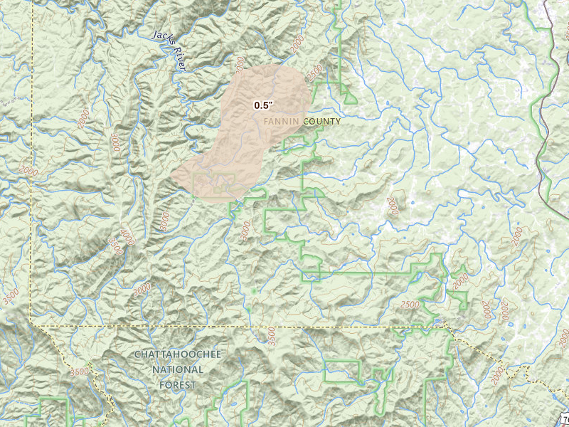 Radar-estimated hail-size map of the storm over Epworth, GA on Jul 2, 2026
