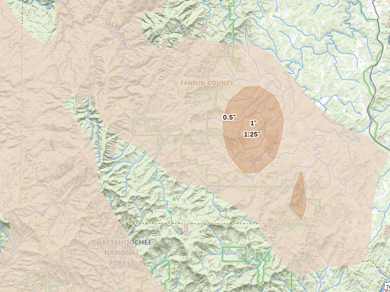 Radar-estimated hail-size map of the storm over Epworth, GA on Jul 28, 2026