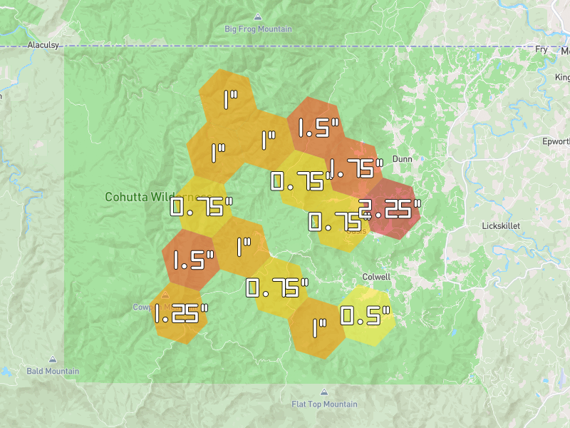 Hail map of Epworth, GA on Jul 29, 2026, hail up to 2.25"