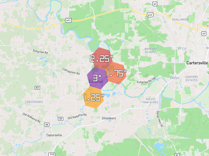 Hail map of Euharlee, GA on Jul 3, 2026, hail up to 3"