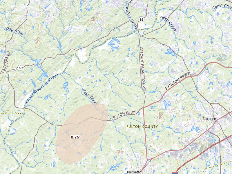 Radar-estimated hail-size map of the storm over Fairburn, GA on Mar 6, 2026