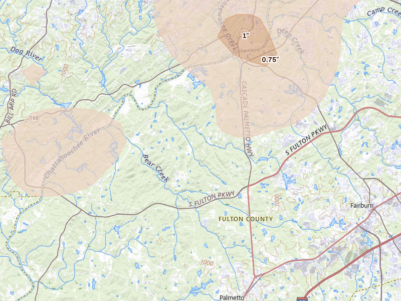 Radar-estimated hail-size map of the storm over Fairburn, GA on Jul 1, 2026