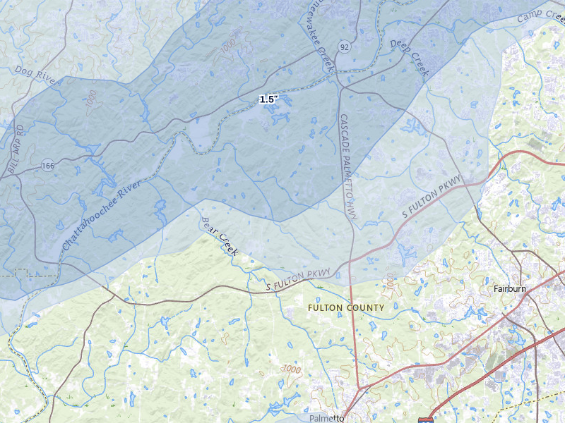 NEXRAD radar-signature map of the hail storm over Fairburn, GA on Jul 1, 2026