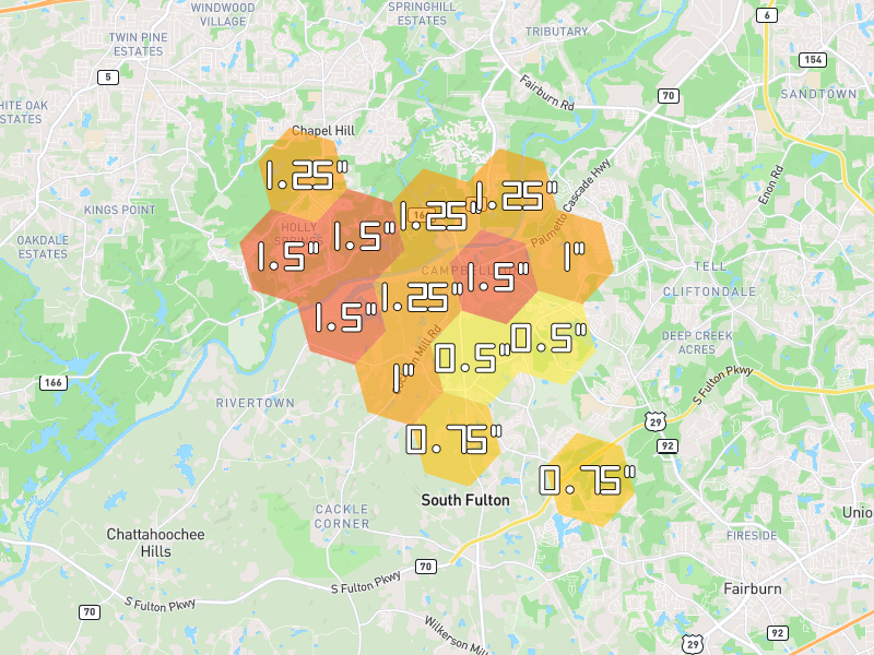 Hail map of Fairburn, GA on Jul 1, 2026, hail up to 1.5"