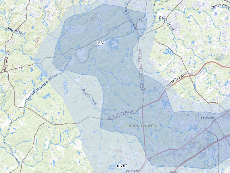 NEXRAD radar-signature map of the hail storm over Fairburn, GA on Jul 3, 2026