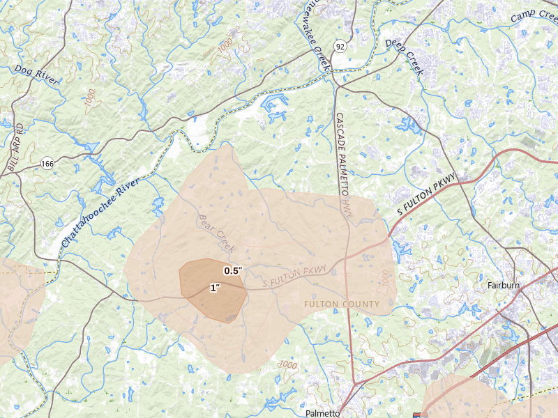 Radar-estimated hail-size map of the storm over Fairburn, GA on Jul 5, 2026