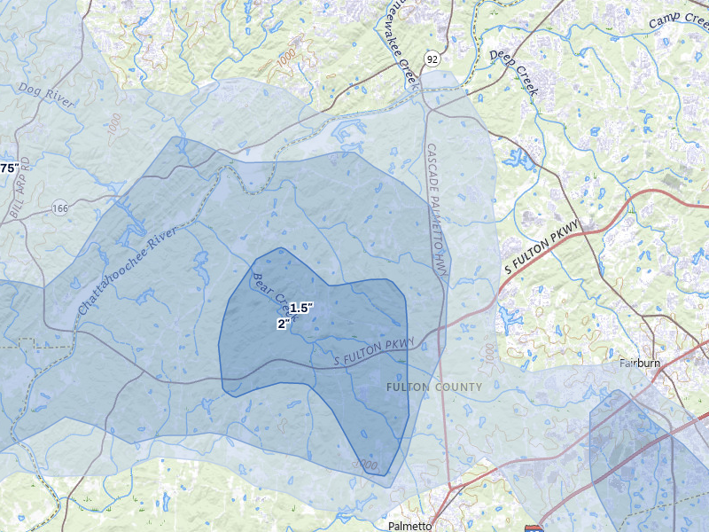 NEXRAD radar-signature map of the hail storm over Fairburn, GA on Jul 5, 2026