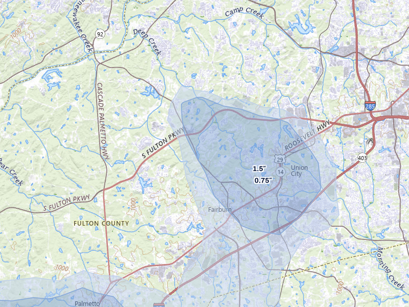 NEXRAD radar-signature map of the hail storm over Fairburn, GA on Aug 11, 2026