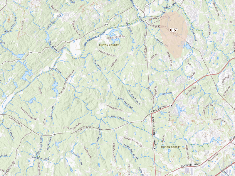 Radar-estimated hail-size map of the storm over Fairburn, GA on Sep 6, 2026