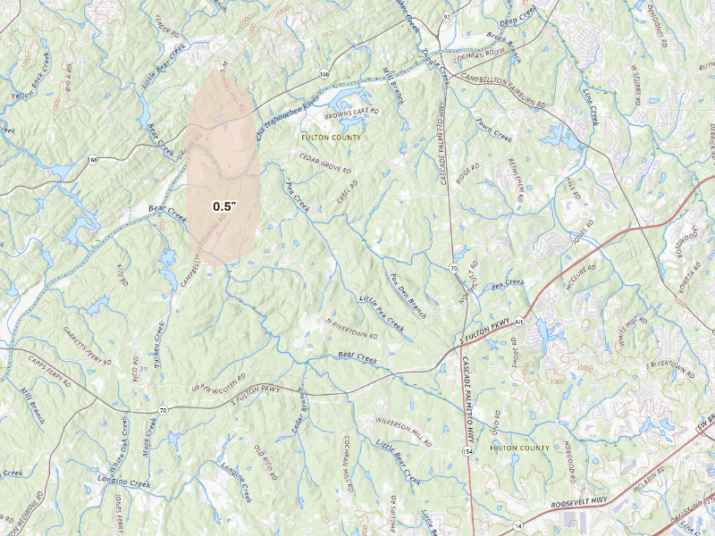 Radar-estimated hail-size map of the storm over Fairburn, GA
