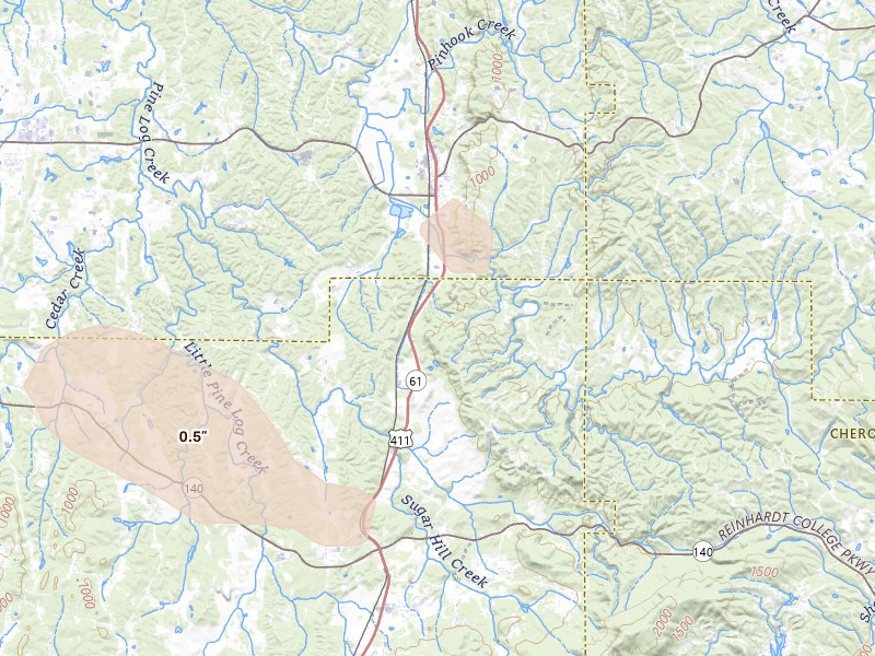 Radar-estimated hail-size map of the storm over Fairmount, GA on Jul 5, 2026