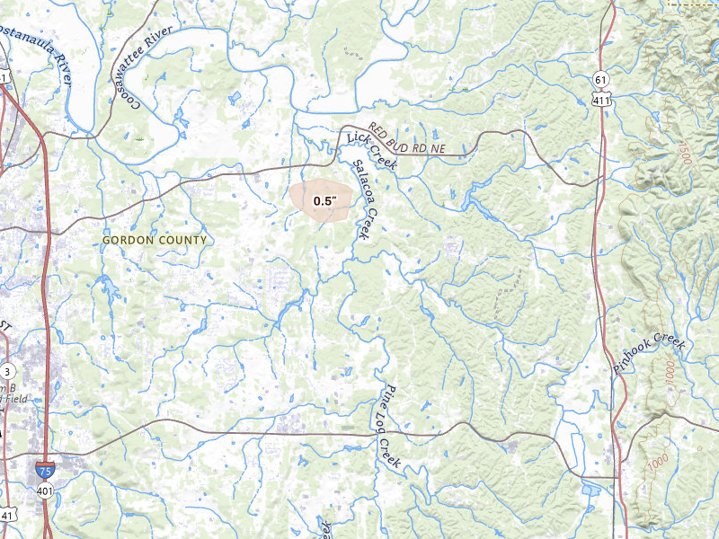 Radar-estimated hail-size map of the storm over Fairmount, GA on Aug 6, 2026