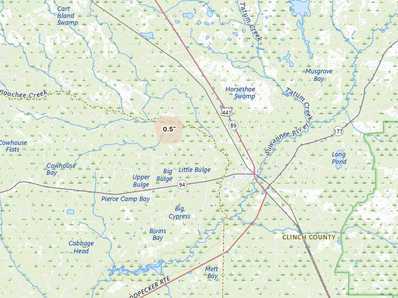 Radar-estimated hail-size map of the storm over Fargo, GA