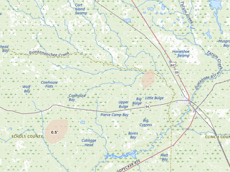 Radar-estimated hail-size map of the storm over Fargo, GA on Aug 25, 2026
