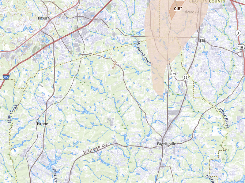 Radar-estimated hail-size map of the storm over Fayetteville, GA on Mar 6, 2026