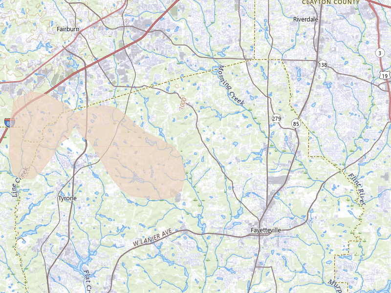 Radar-estimated hail-size map of the storm over Fayetteville, GA on Jul 5, 2026