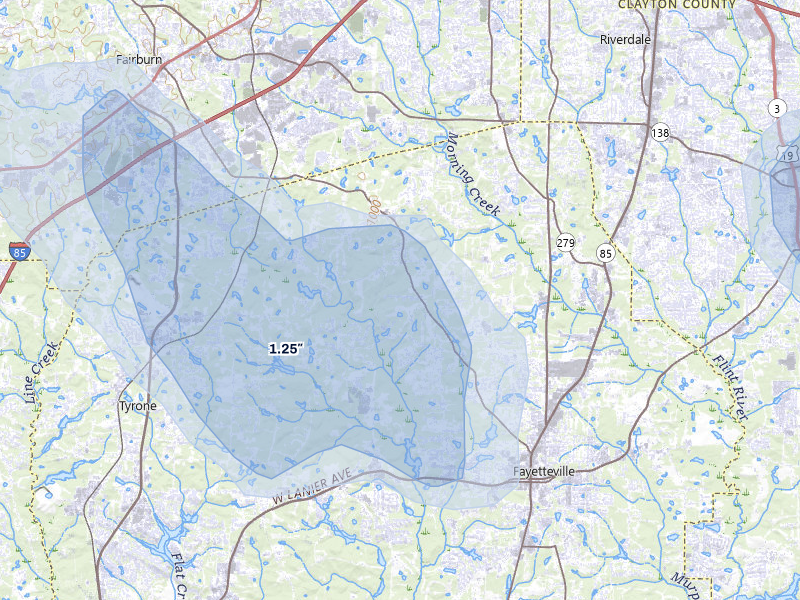NEXRAD radar-signature map of the hail storm over Fayetteville, GA on Jul 5, 2026