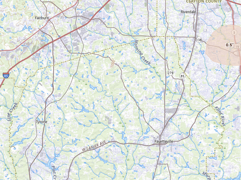 Radar-estimated hail-size map of the storm over Fayetteville, GA on Jul 10, 2026