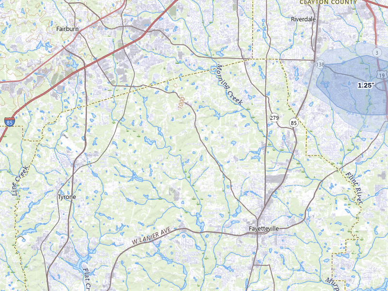 NEXRAD radar-signature map of the hail storm over Fayetteville, GA on Jul 10, 2026