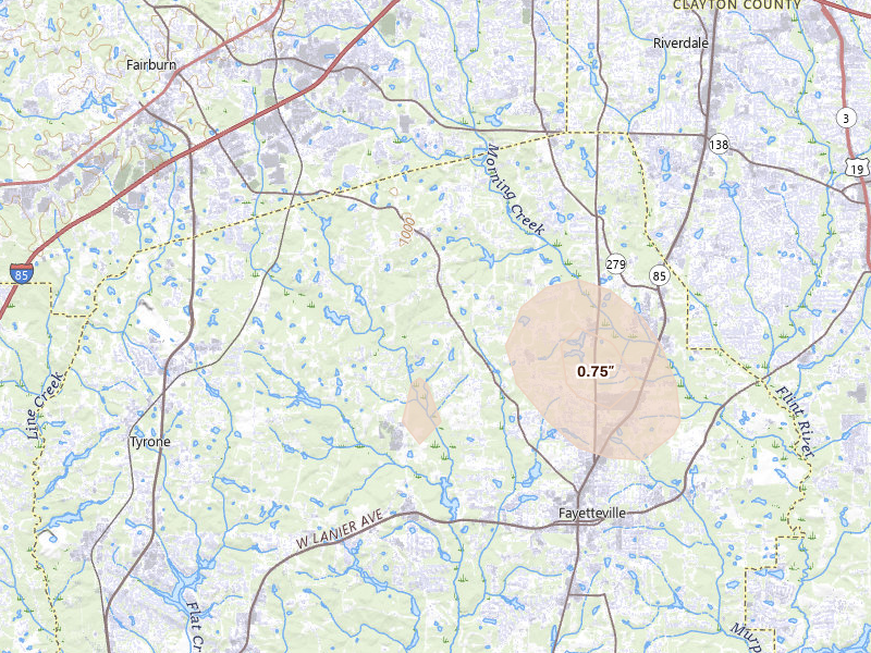Radar-estimated hail-size map of the storm over Fayetteville, GA on Jul 17, 2026