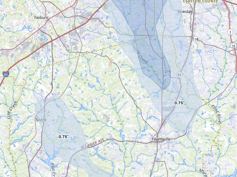 NEXRAD radar-signature map of the hail storm over Fayetteville, GA on Jul 28, 2026