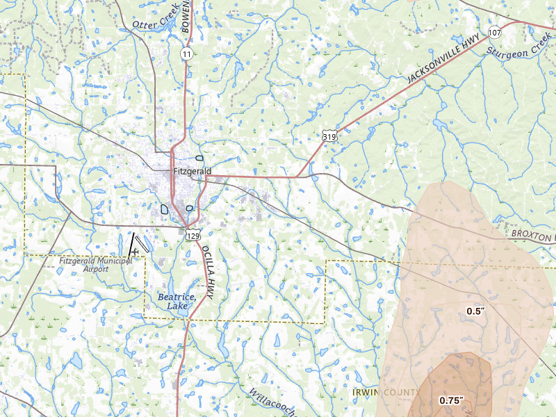 Radar-estimated hail-size map of the storm over Fitzgerald, GA on May 22, 2026