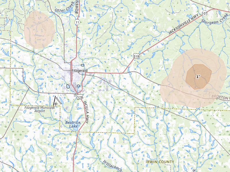 Radar-estimated hail-size map of the storm over Fitzgerald, GA