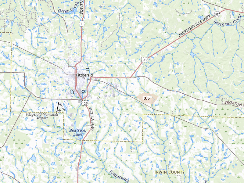 Radar-estimated hail-size map of the storm over Fitzgerald, GA on Jun 20, 2026