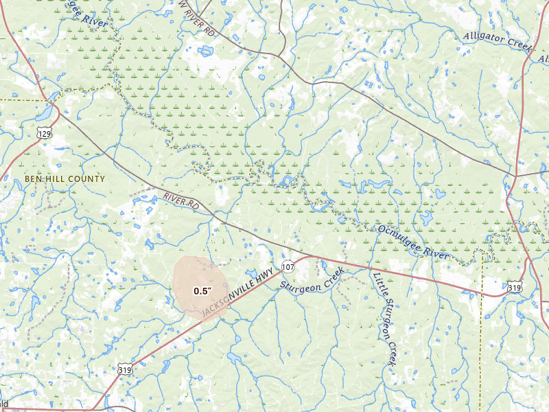 Radar-estimated hail-size map of the storm over Fitzgerald, GA on Aug 6, 2026