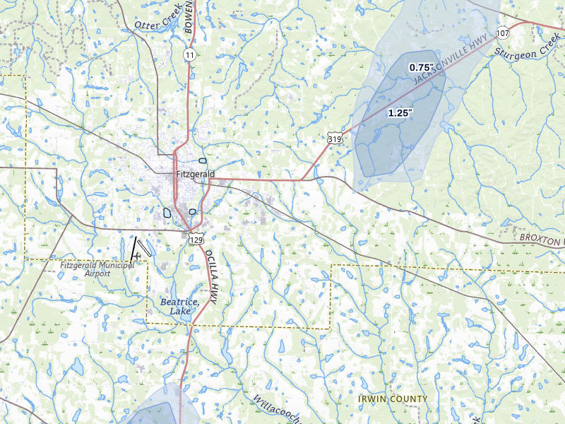 NEXRAD radar-signature map of the hail storm over Fitzgerald, GA on Aug 6, 2026