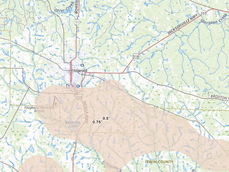 Radar-estimated hail-size map of the storm over Fitzgerald, GA on Aug 13, 2026