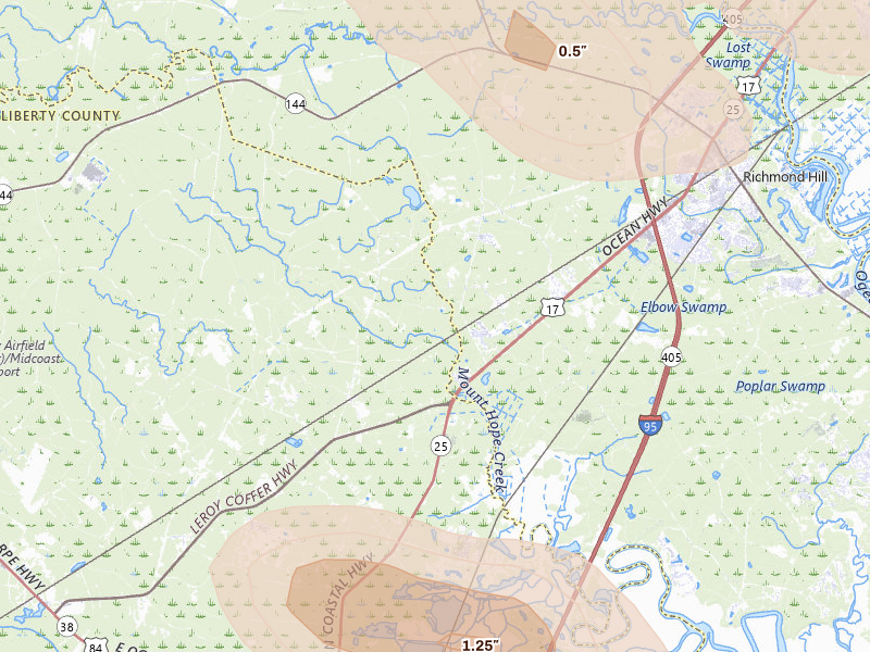 Radar-estimated hail-size map of the storm over Fleming, GA on Jul 29, 2026