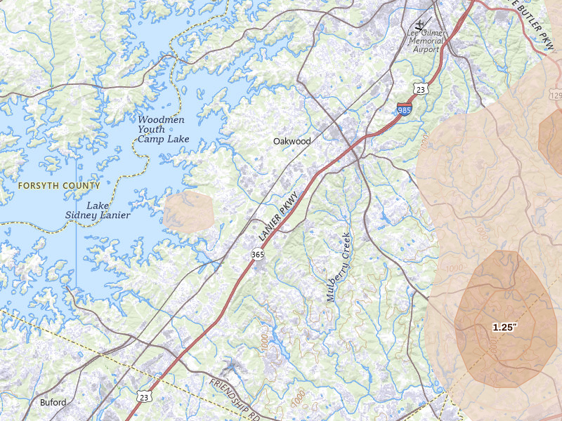 Radar-estimated hail-size map of the storm over Flowery Branch, GA on Sep 5, 2026