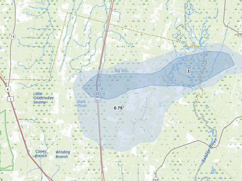 NEXRAD radar-signature map of the hail storm over Folkston, GA on Mar 16, 2026
