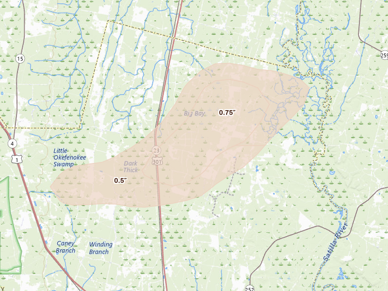 Radar-estimated hail-size map of the storm over Folkston, GA on Jun 14, 2026