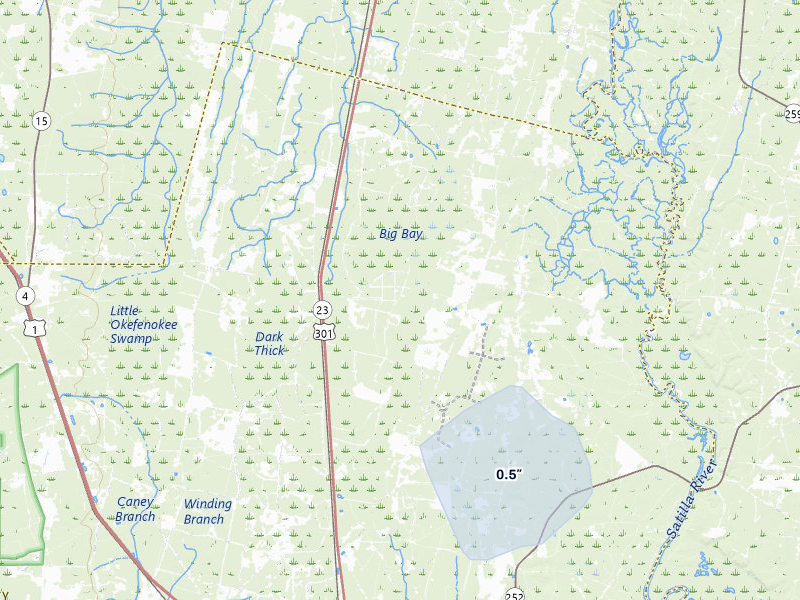 NEXRAD radar-signature map of the hail storm over Folkston, GA on Jun 27, 2026