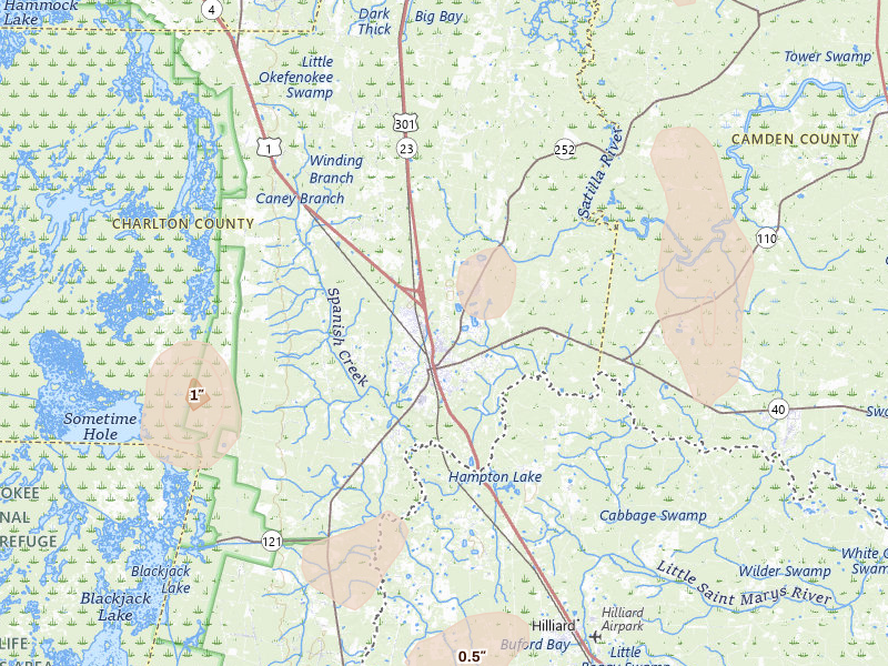 Radar-estimated hail-size map of the storm over Folkston, GA on Aug 13, 2026