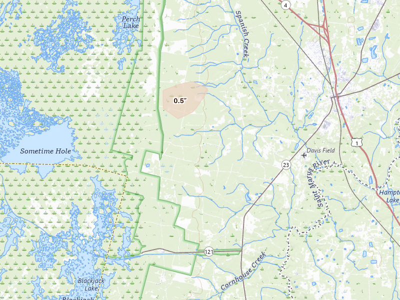 Radar-estimated hail-size map of the storm over Folkston, GA on Aug 16, 2026