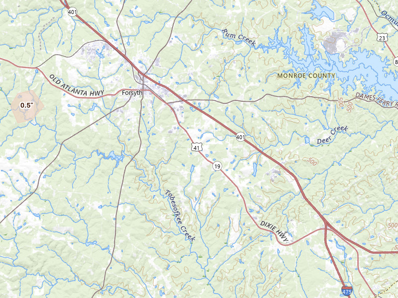 Radar-estimated hail-size map of the storm over Forsyth, GA on Jul 12, 2026